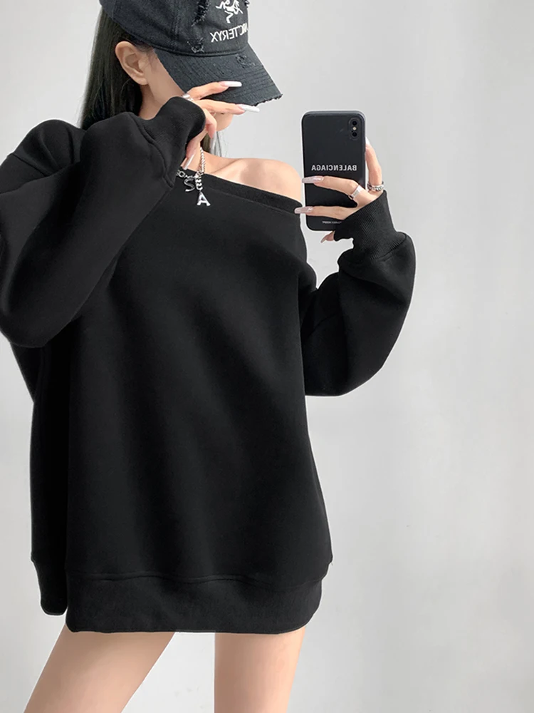 ملابس حريمي كاجوال كورية بلون سادة بدون أكتاف وأكمام طويلة بلوزات خريف وشتاء كل مباراة فضفاضة تي شيرت نسائي