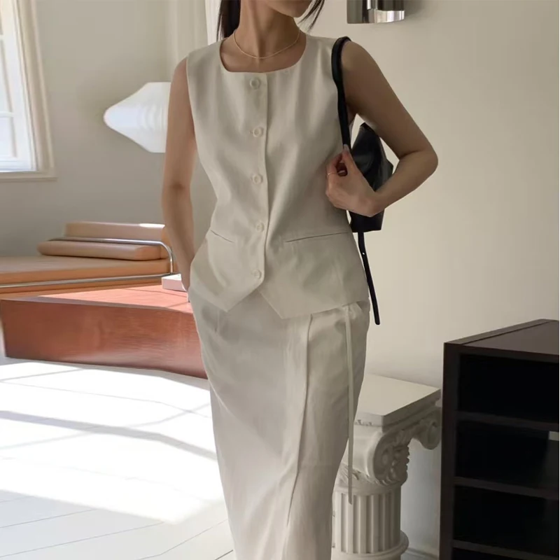 

New Office Lady Summer Women's Two Piece Set High End Fashion Elegant Single Breasted Sleeveless Vest Top + Split Skirt Suit