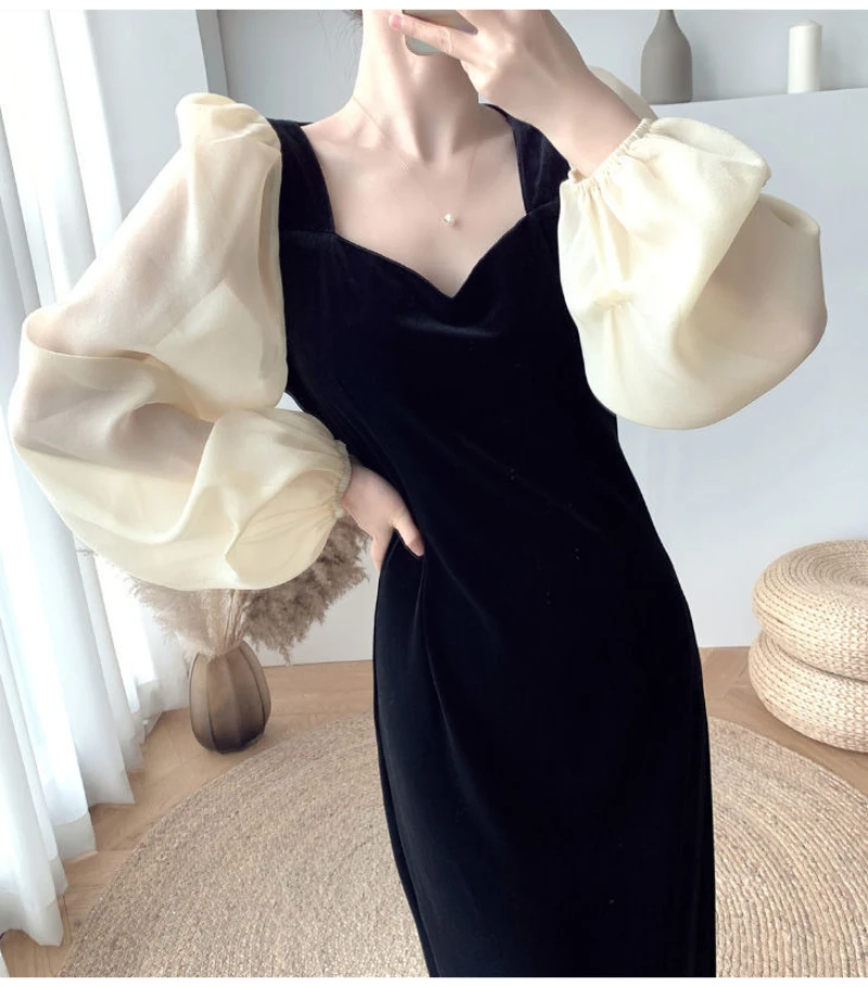 Retro Velvet Dress Autumn Women's Dress Elegant Slimming Black Velvet Long Skirt High Waist A-Line Skirt for Female