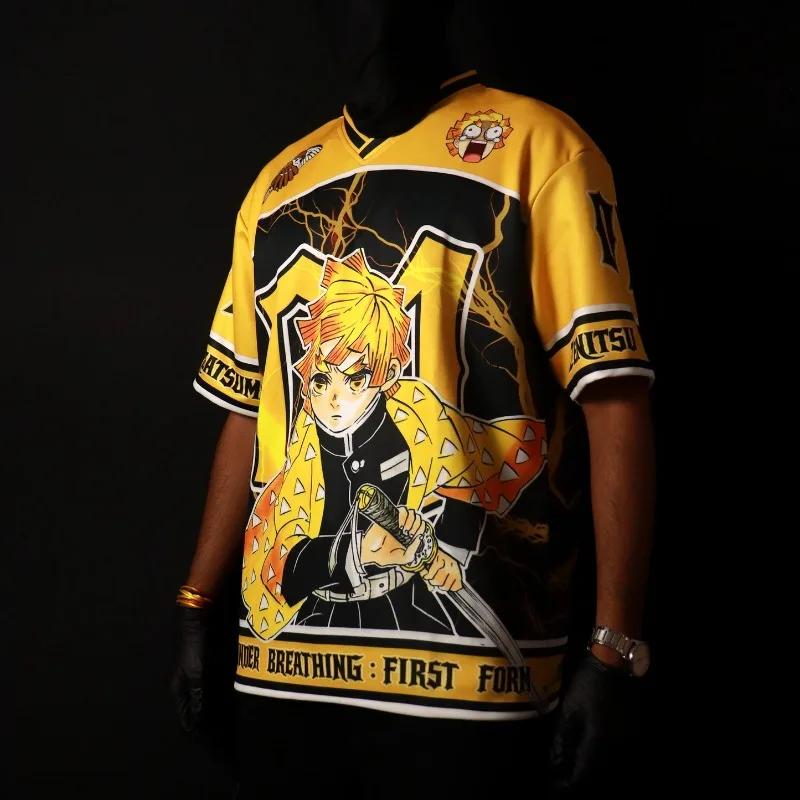 Yellow Lightning Samurai V Neck Hockey Jersey, All Over Print Mesh Short Sleeve Uniform, Unisex Anime Inspired Streetwear