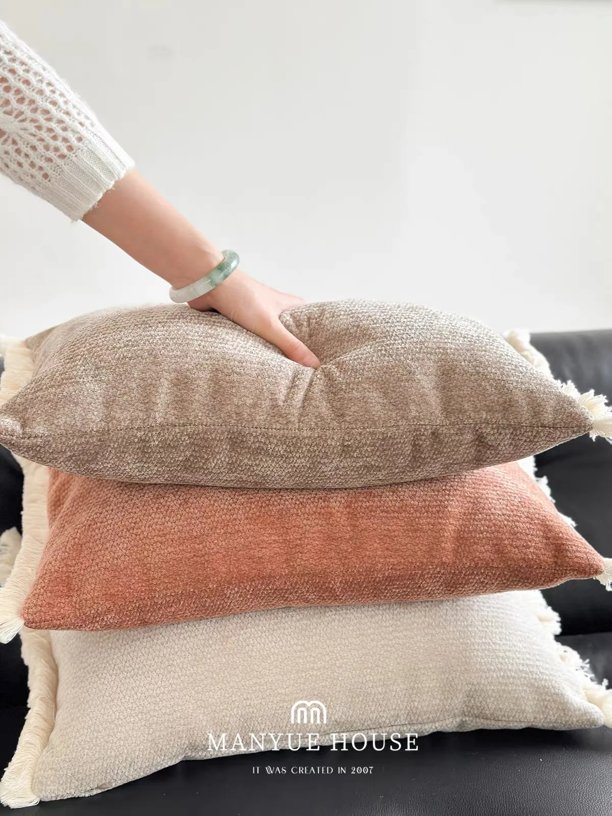 50x30cm Modern Simple Chenille Lumbar Pillow Case Sofa Beige Coffee/Tea Brown/ Ivory White Long Cushion Cover White Tassel Edge
