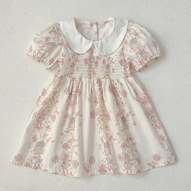 Fashion Girl Dress Pink Flowers Retro Lace Dress Cotton Princess Vestido Casual Round Neck Summer Dress New Sweet Kids Clothes