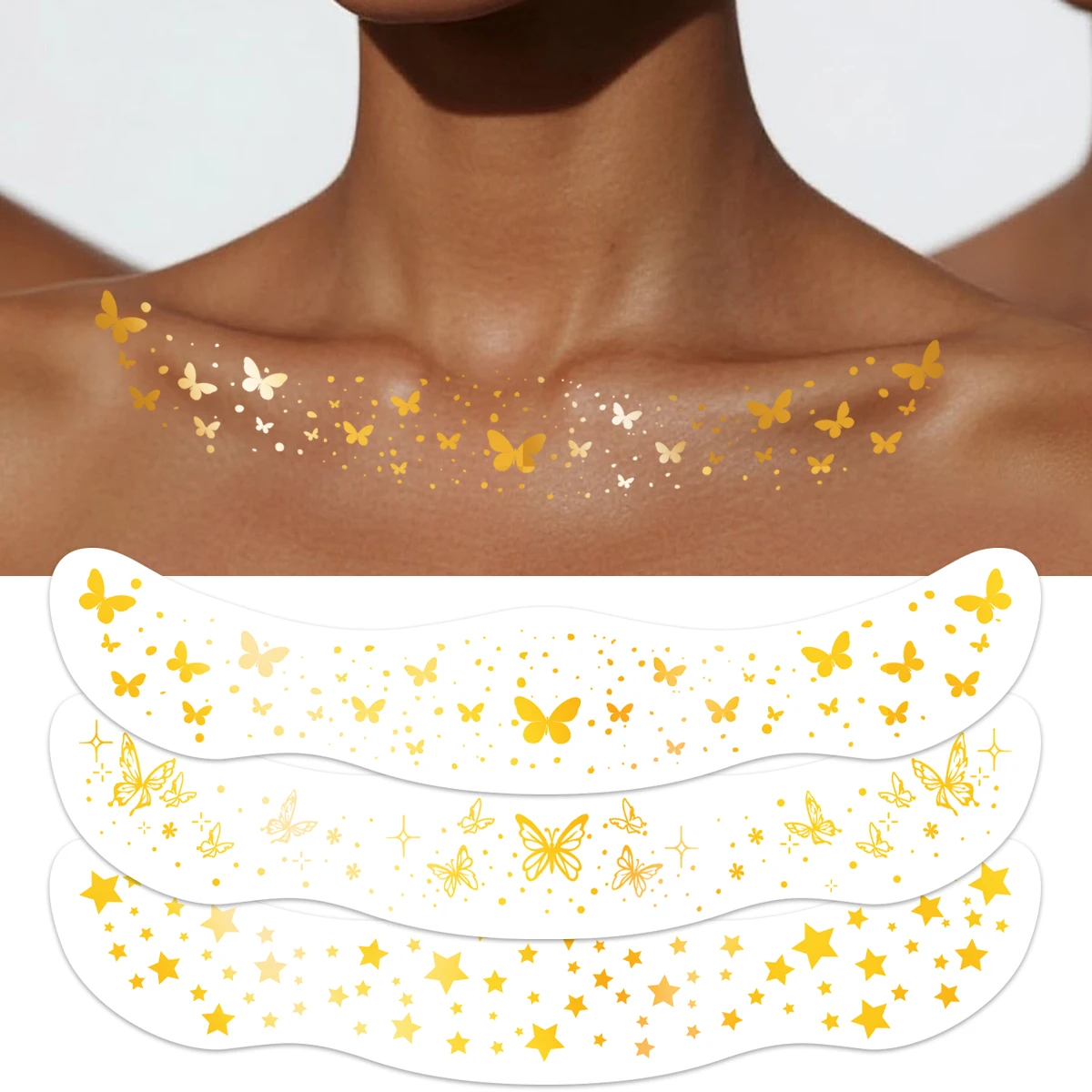 

3pcs Hot Stamping Temporary Tattoo Sticker Gold Glitter Star Butterfly Metallic Tattoo Sticker for Party Body Art Fake Tattoo