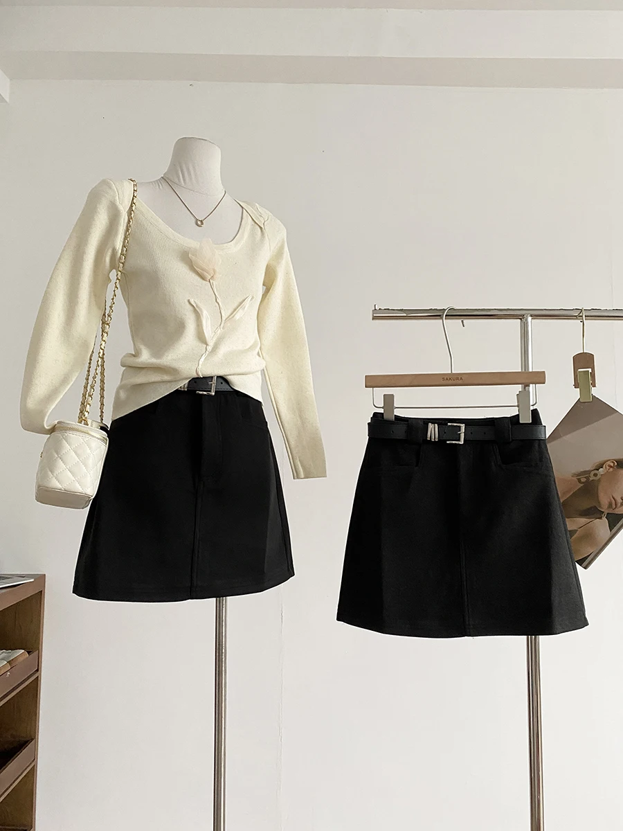 

Korean Style High Waist Slim Fit Woolen Skirt Women's Fashionable Hip Covering Anti-Light Trendy Commute Polyester Fiber