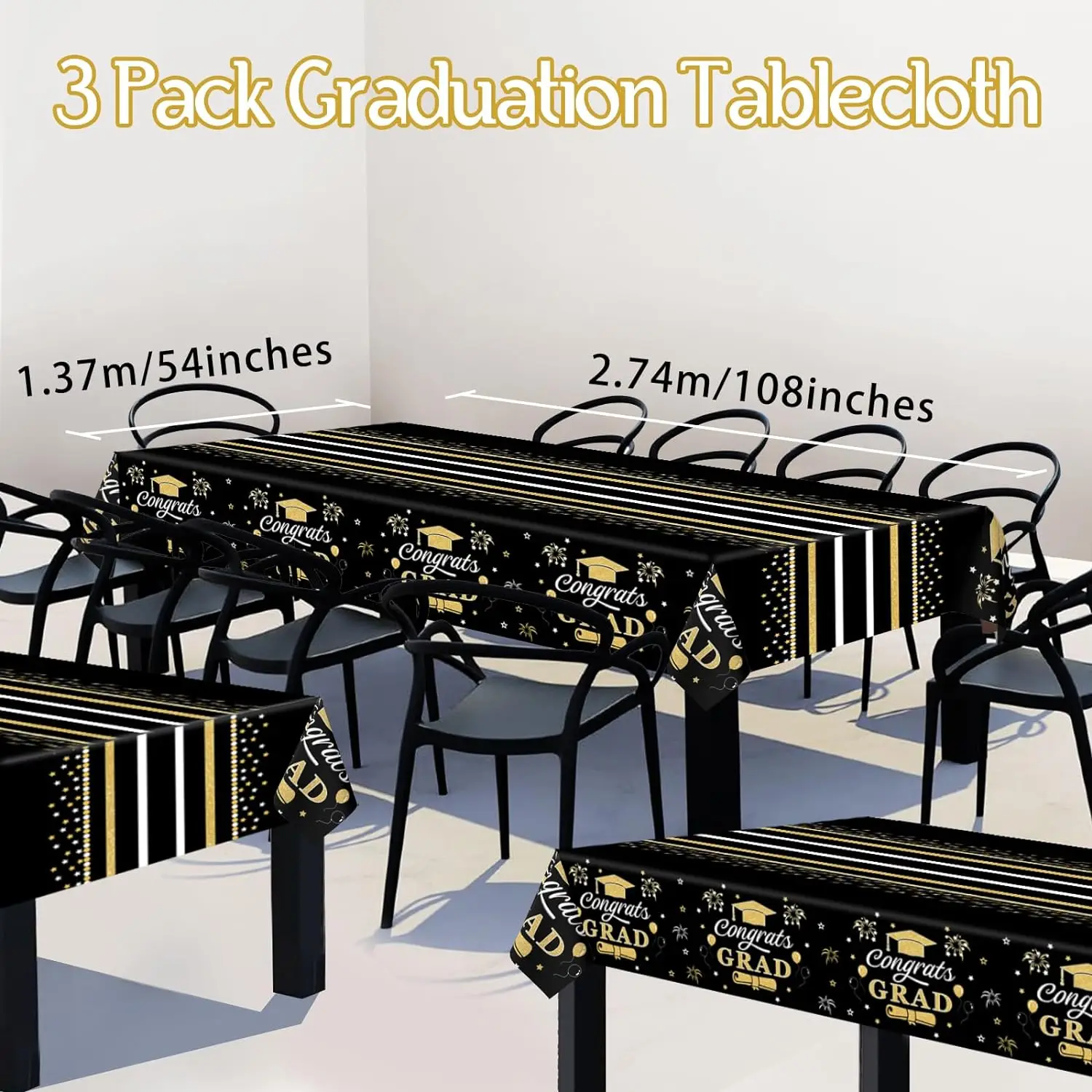 مفرش مائدة للتخرج باللونين الأسود والذهبي ، مبروك غراد مستلزمات حفلات للاستعمال مرة واحدة ، بلاستيك مستطيل ، 54x "، 3 عبوات