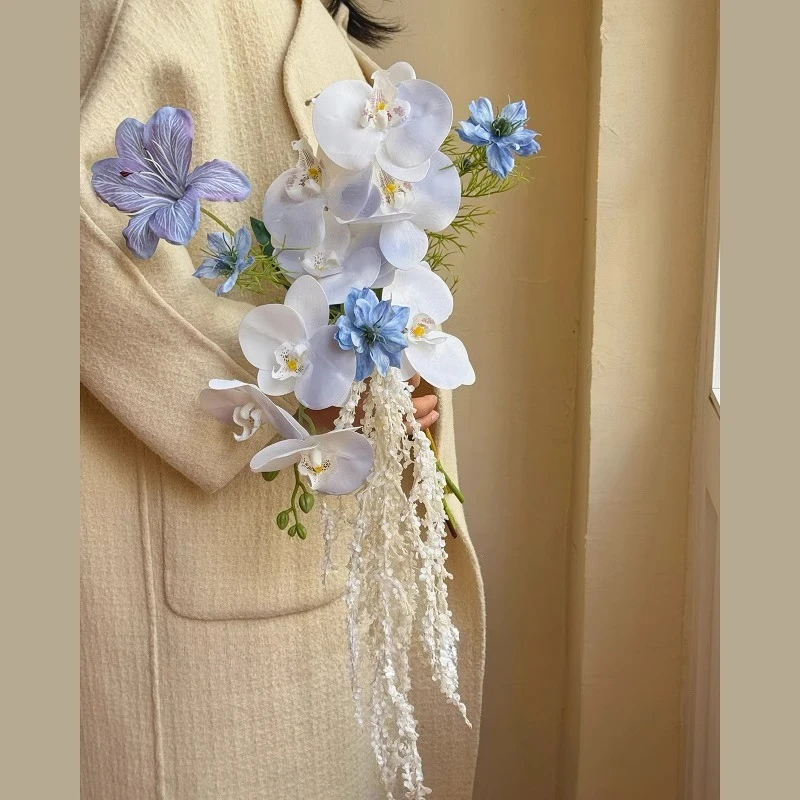 

French blue-purple simulated flower wedding certificate waterfall bouquet flower preparation photography prop Phalaenopsis weddi