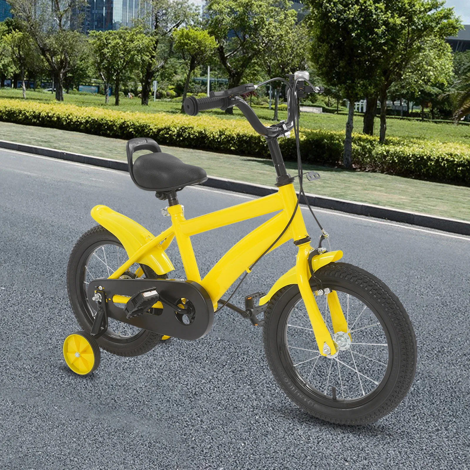 Bicicleta para niños de 14 pulgadas con 2 ruedas auxiliares, altura ajustable, bicicleta de aprendizaje amarilla para niños para principiantes o hacer ejercicio