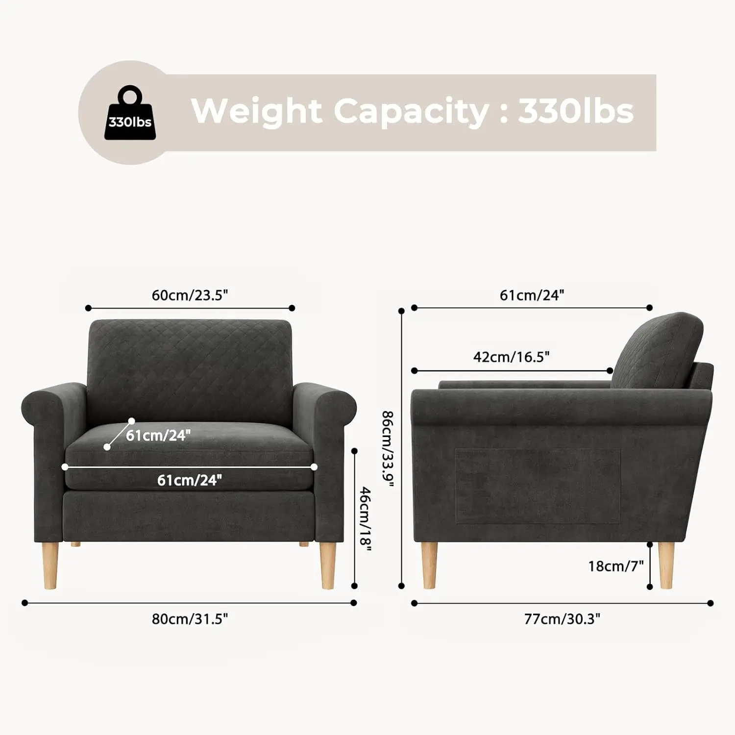 Vesgantti Gray Compact Single Sofa - Foam Pocket Spring Hybrid Upholstered Couch - Modern Armchair