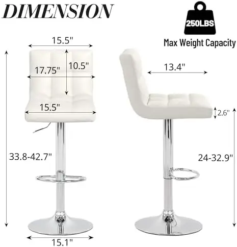 Modern Counter Height Bar Stools Set of 4, Armless Adjustable Swivel Square Bar Chairs Kitchen Barstools with PU - view 3