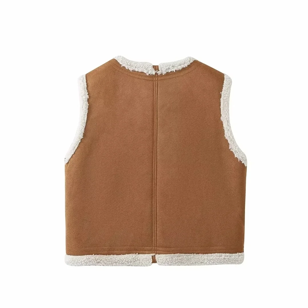 TRAF-Veste Courte en Peluche Vintage pour Femme, Gilets à la Mode, Glaçure Chaude, Sourire, Hiver, Automne, 2023