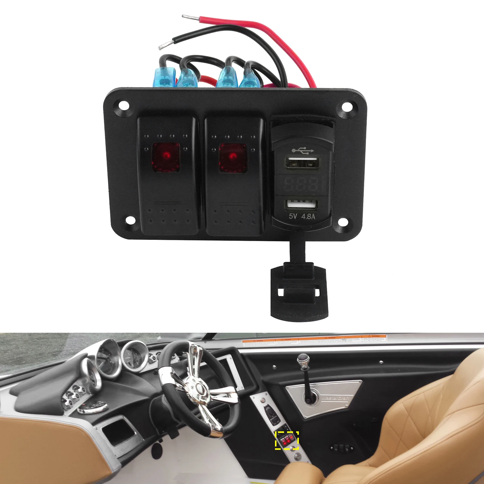 2 Gang Red LED 12V/24V Toggle Rocker Switch Panel With Dual USB Charger For Car Marine Boat Camper Van RV