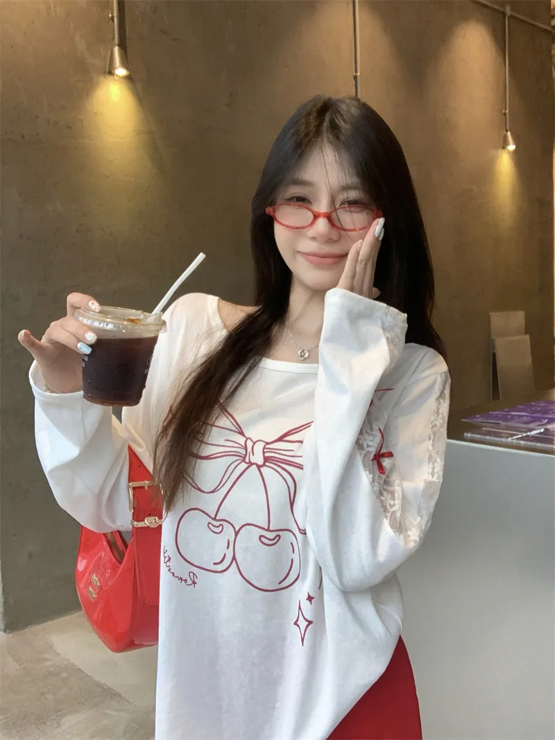 Korean Style Long Sleeve T-Shirt Women Early Autumn Atmosphere  Knot Print Lace Splicing Loose Sun Protection Top