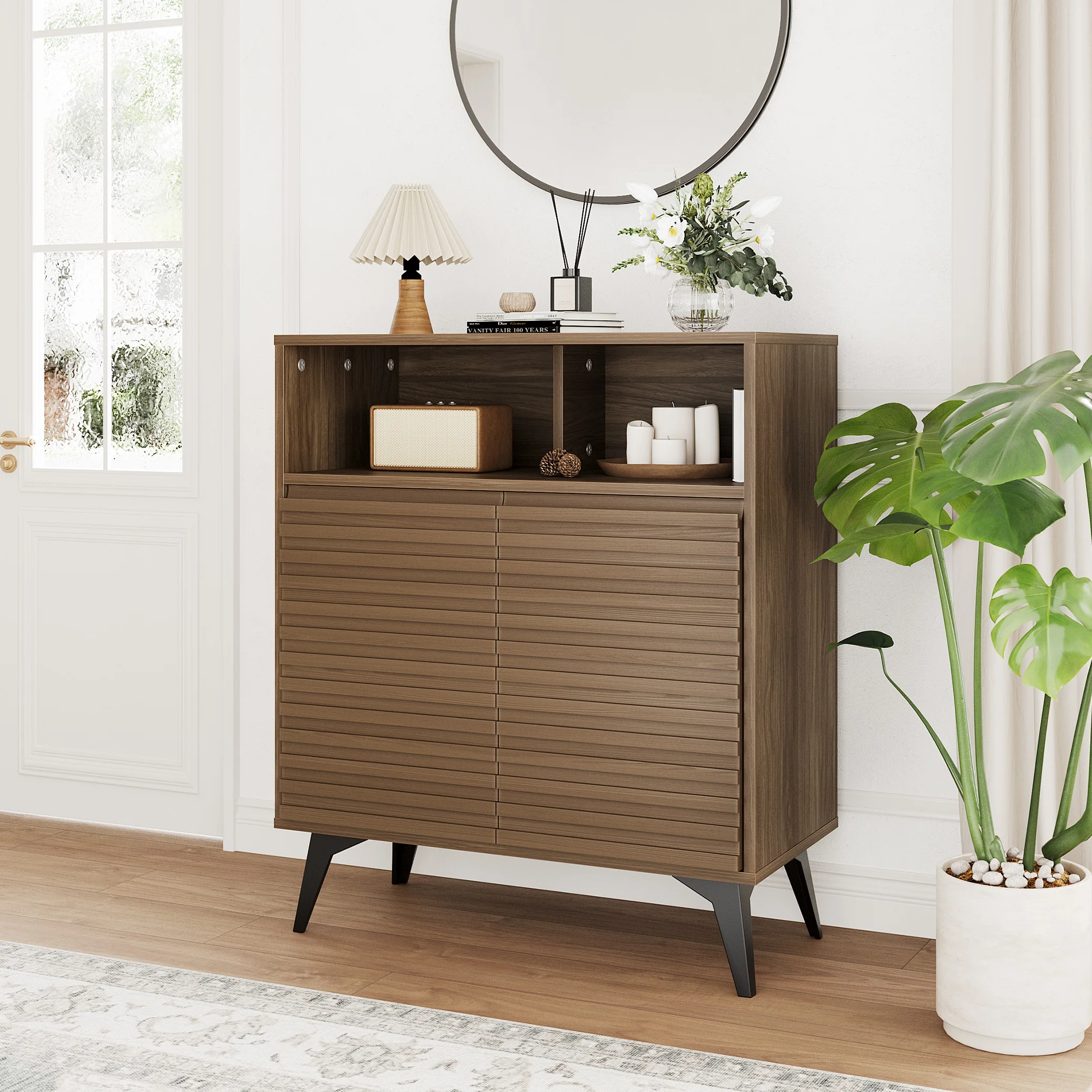 Modern Fluted Sideboard Buffet Cabinet for Entryway & Home Storage Natural 33.5