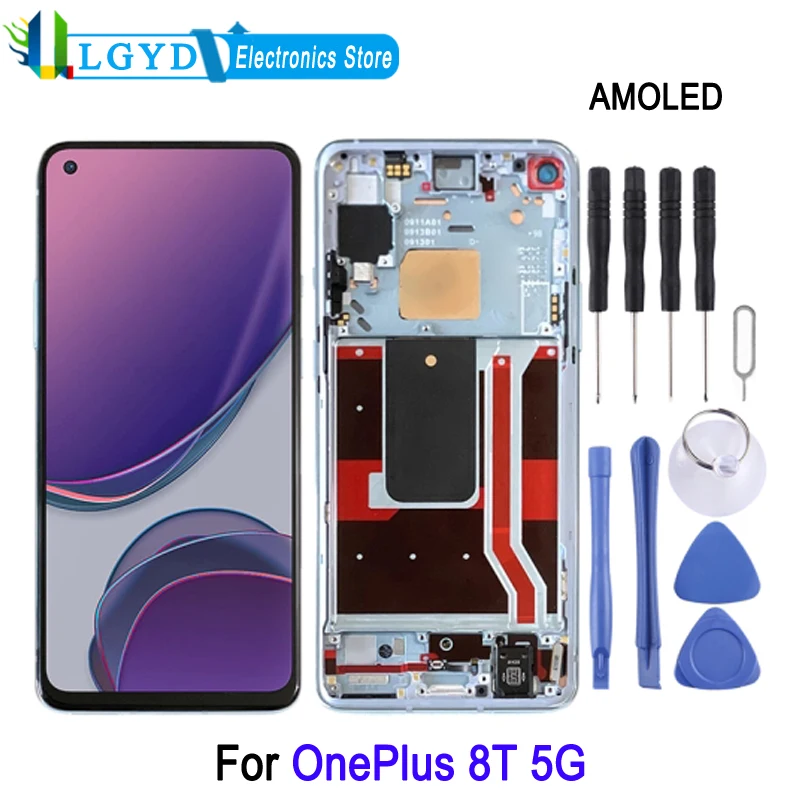 6.55-inch AMOLCD Screen with Frame for OnePlus 8T 5G, KB2001 KB2000 KB2003 Phone LCD Display & Touch Screen Replacement Part