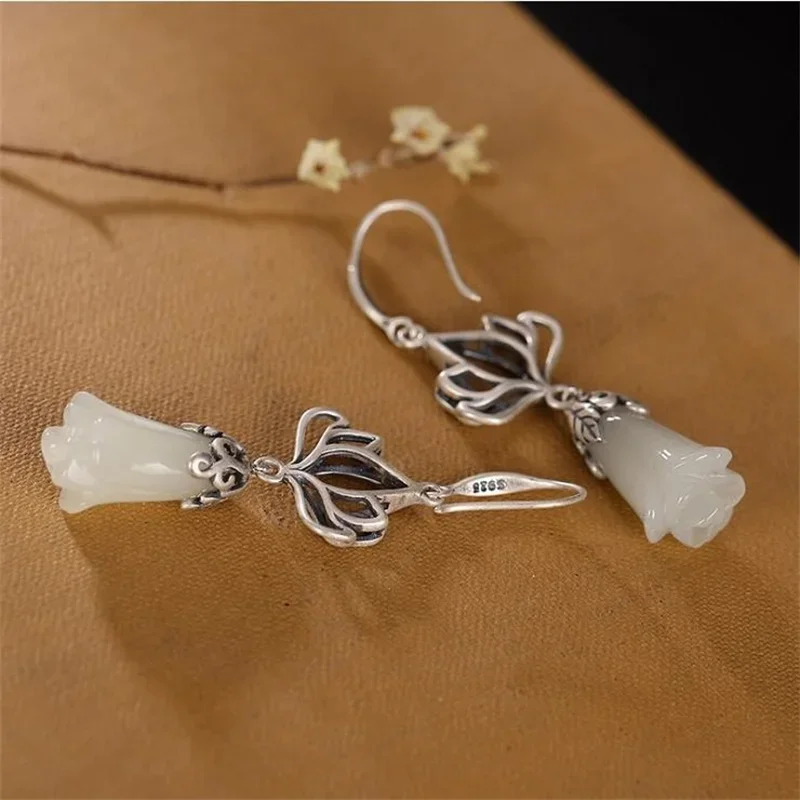 Elegant Hollow Temperament inlaid Hotan Jade Jade Orchid Earrings For Women Female Party Jewelry Pendant Fashion Custom Jewelry