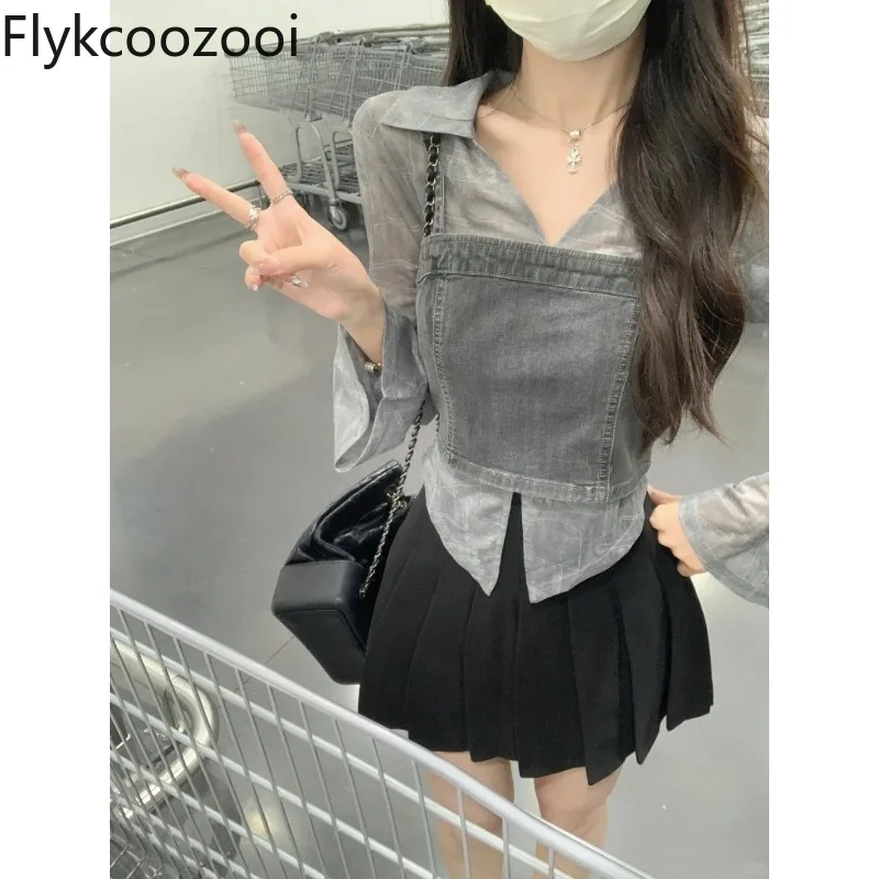 

Retro Lapel Collar Sheer Chiffon Shirt Women Tight Jeans Camisole Crop Top Summer Tie Dye Slim Casual Two Pieces Set