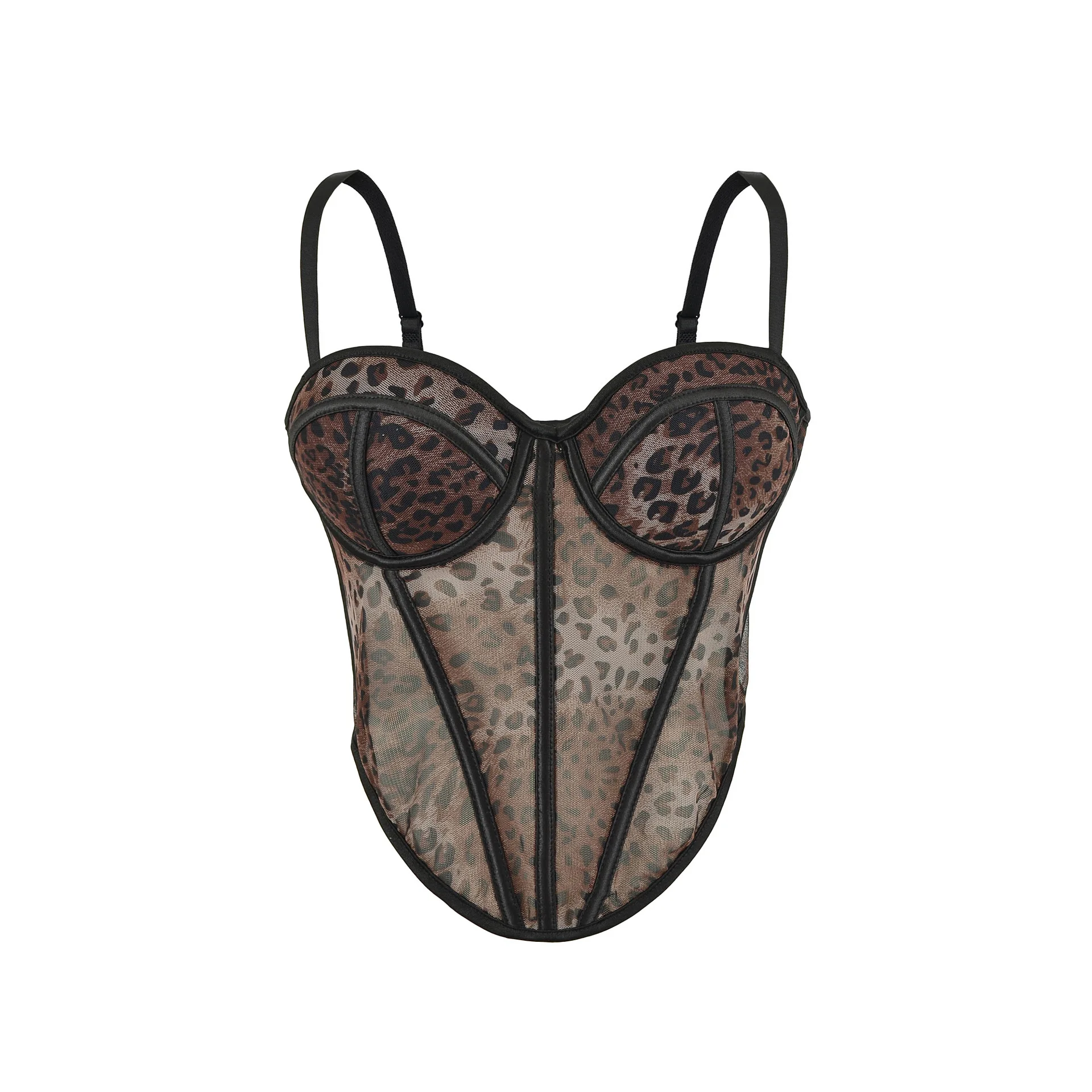 Leopard Print Mesh See-through Corset Fishbone Bra For Women 2026 Summer Sexy Hot Girl Style Integrated Outerwear Bra Charm EJ7A