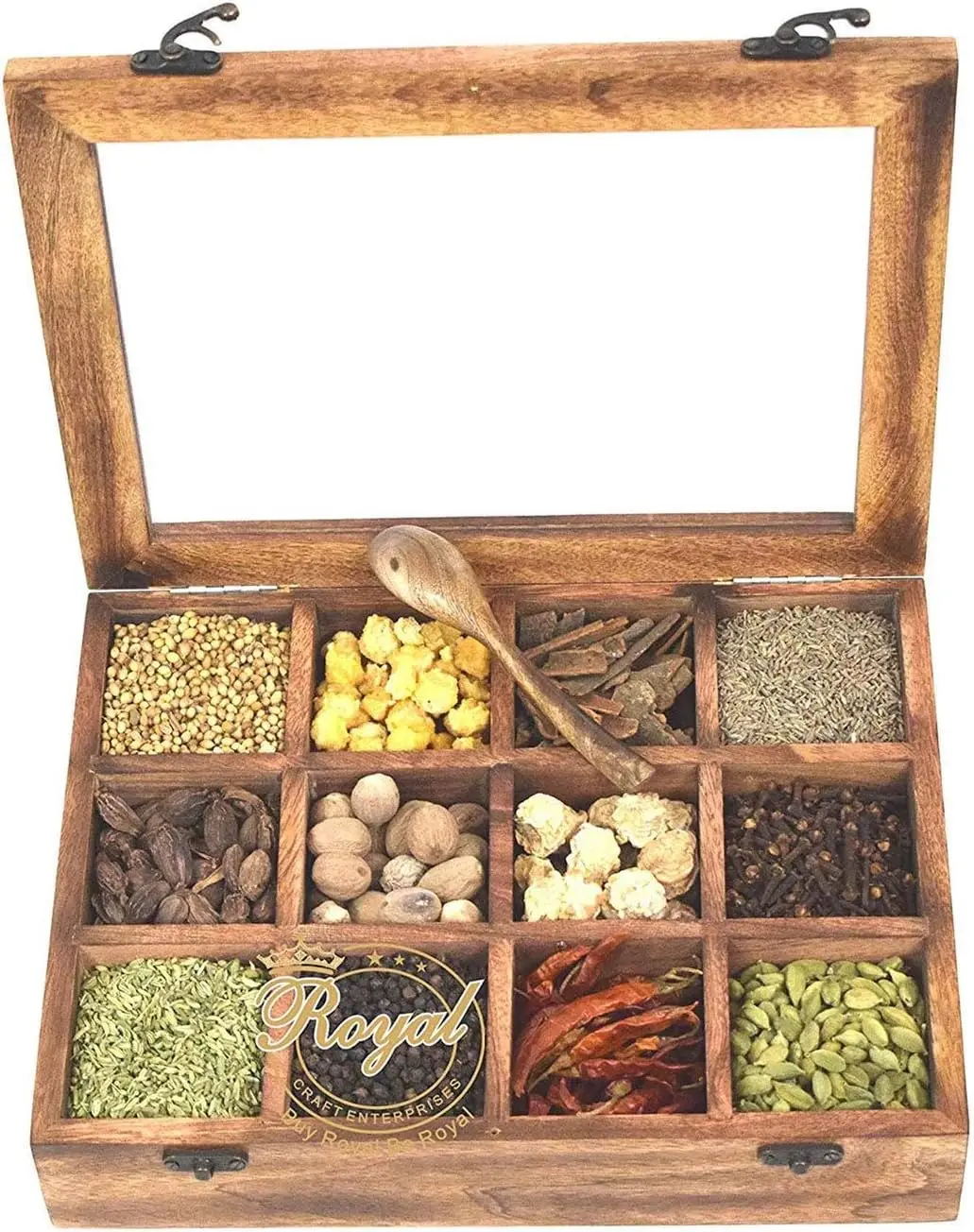 Wooden Multipurpose Utility Table Top Spice Box | Removable Containers | Jars Cum Kitchen and Dry Fruit Box with Spoon