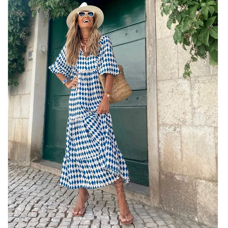 Robe Maxi à Manches Bouffantes et Col en V pour Femme, Tenue de Plage Décontractée, Style Boho, avec Impression Géométrique, Collage, Bulle, ix, Éducatif, Été