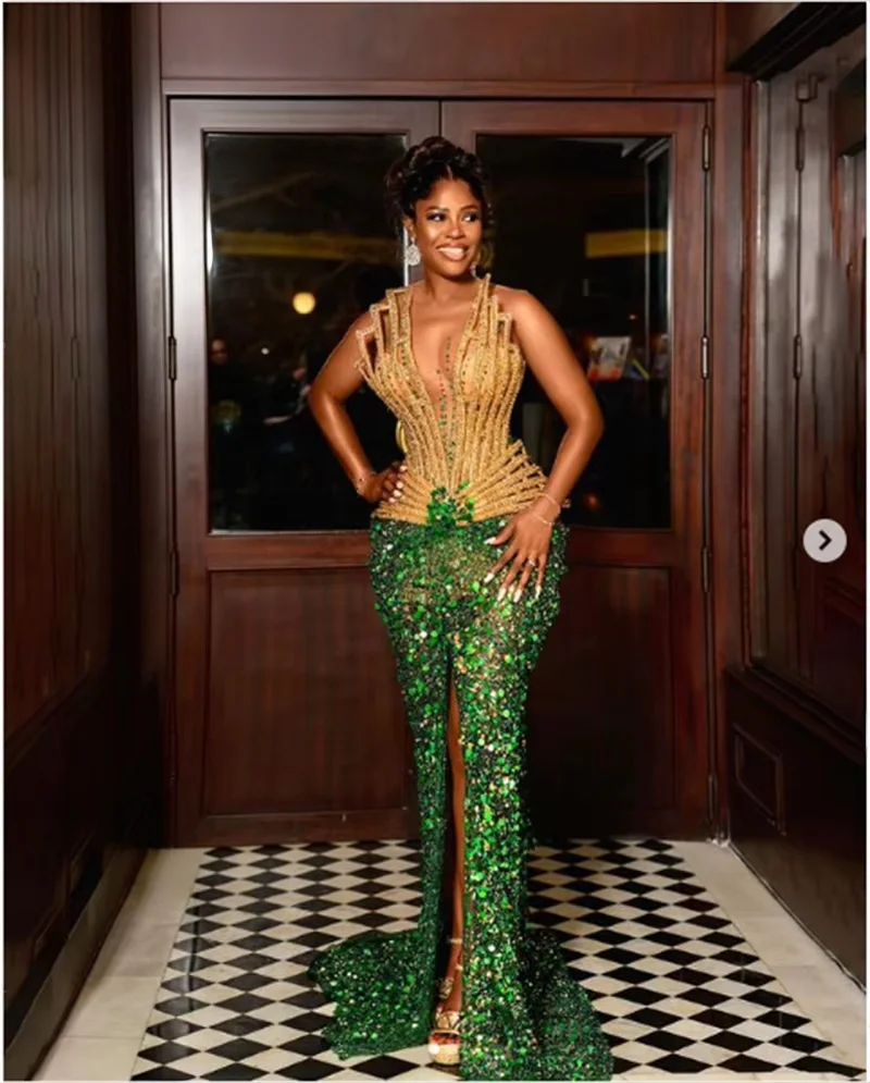 Green Long Evening Dresses Slit Sequins Beaded Saudi Arabia Dubai Robe De Soiree Middle Eastern Prom Dress Gown Customized