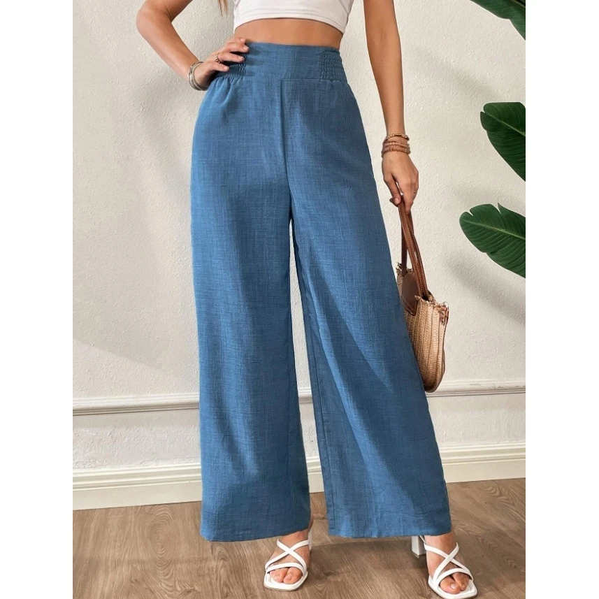 Slimming High Waist Wide Leg Pants Pure Color Splicing Long Trousers for Women Spring Summer New Style Cross-Border Fashion