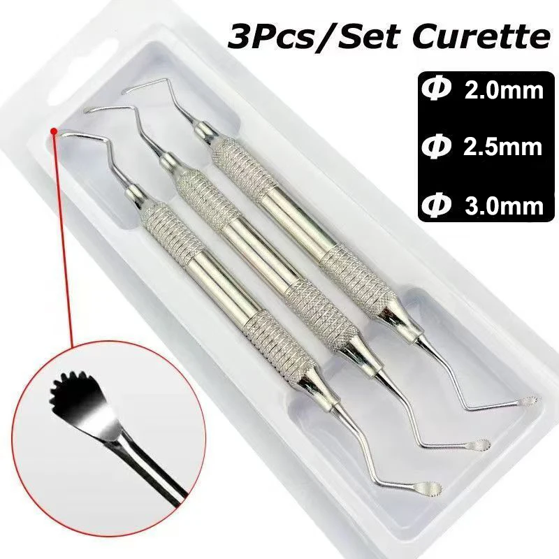 3Pcs Dental Gracey Curette Set Jagged Double Head Surgical Bone Scaler Excavator Restorative Spoon Implant Dentistry Instrument