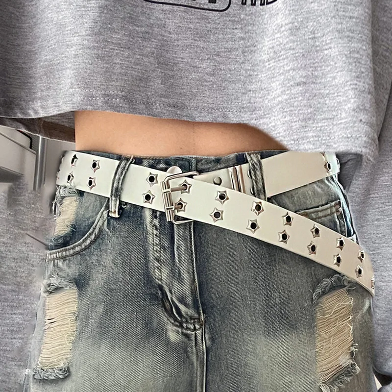 

NEW Star Eye Rivet Belt Y2K Punk Rivet Leather Belts Double Pin Buckle Women Fashion Casual Puck Style Pu Leather Waistband