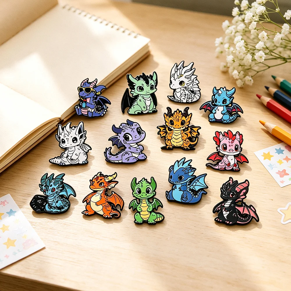 Colorful Dragon Enamel Pin Set, Cute Cartoon Baby Dragon Metal Lapel Brooch Badge, Fantasy Pins for Backpack Fans Gift