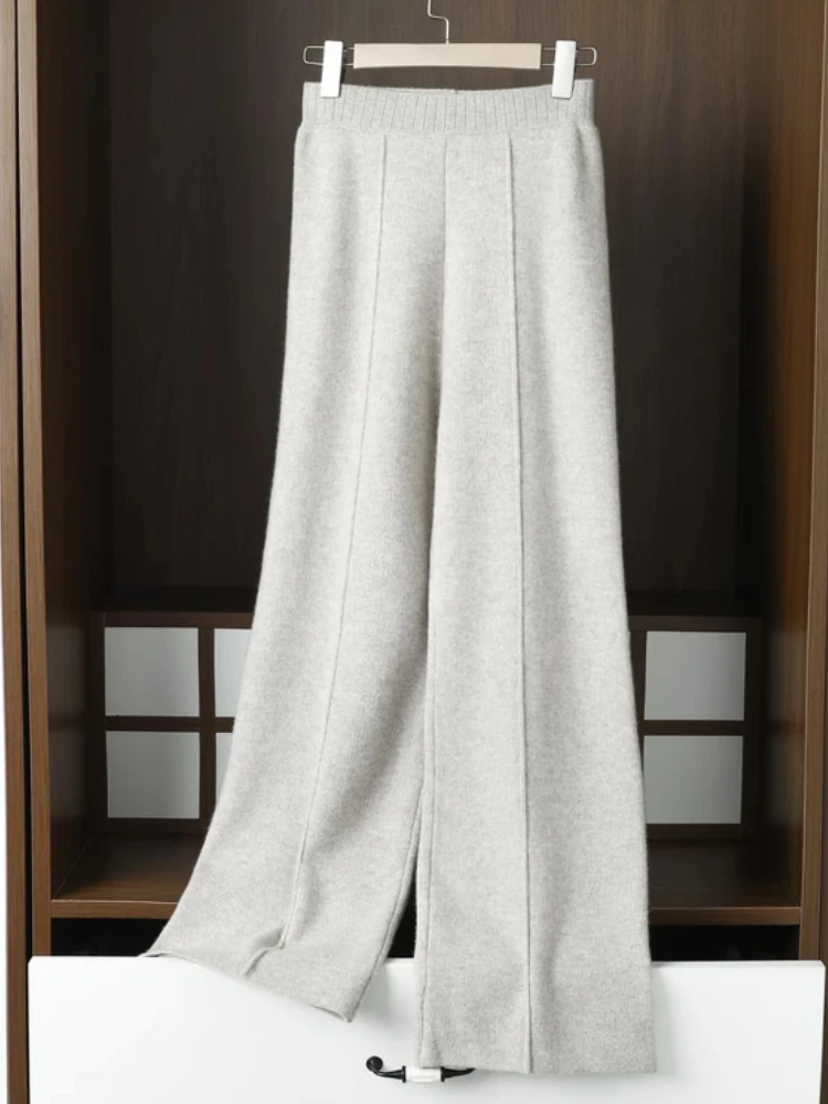 Wool Wide-leg Pants Women's Middle Stitching Modified Legs Loose and Thin Cashmere Knitted High-waisted Trousers Solid Color