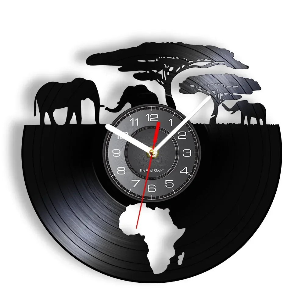 African Elephants Laser Cut Record Wall Clock Wildlife Animals Habitat Map of Africa Retro LP Wall Watch Living Room Art-Decor