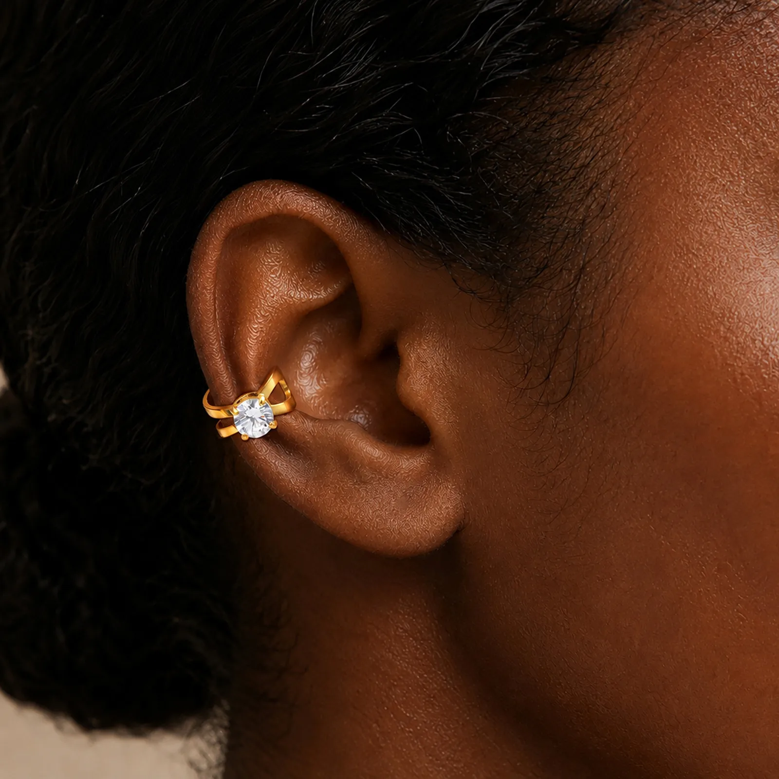 Ear Cuffs for Women Non Piercing, Stainless Steel Gold Color Cubic Zirconia Double Layer Clip On, Abstract Jewelry Gift