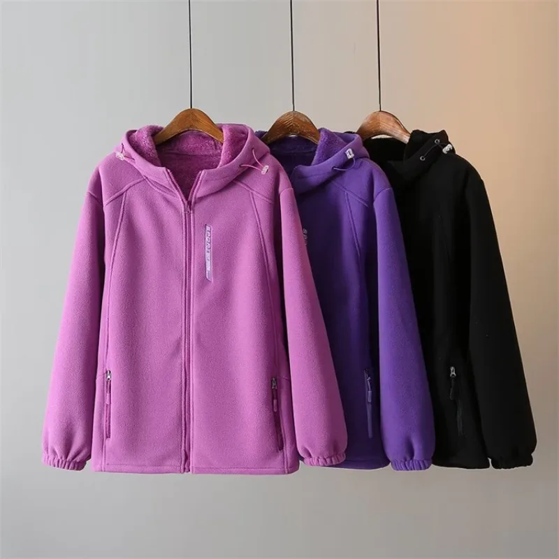 

Autumn Winter Large-Size Women's Polar Fleece Sweatshirt Hoodies Casual Sports Jacket Thicken Warm Female Outdoor Zip-up Coats