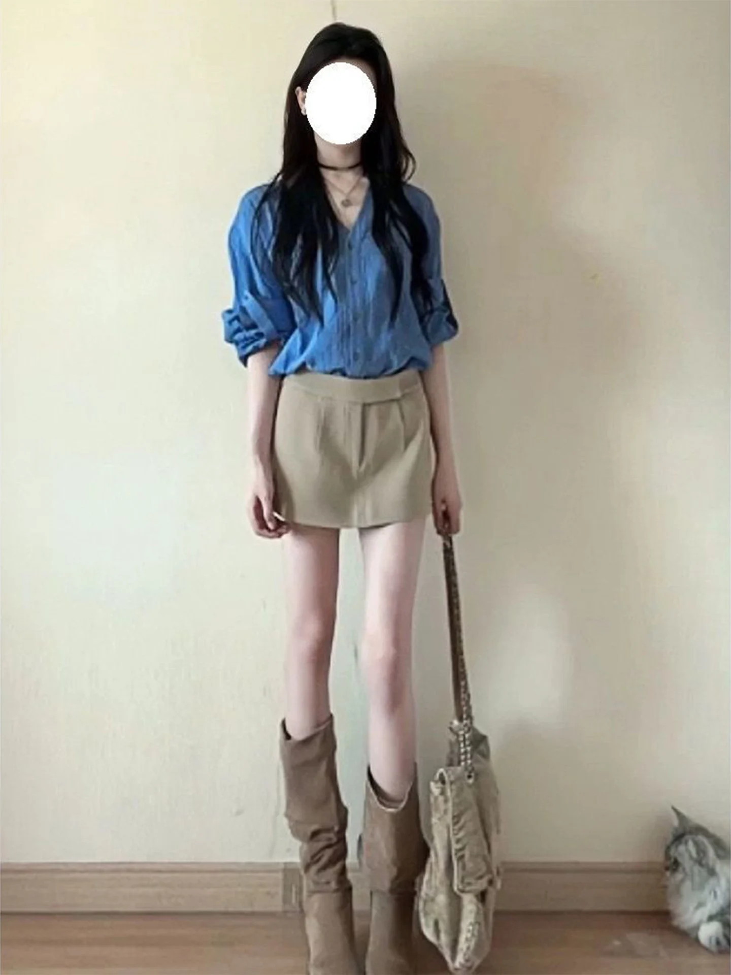 Blue Shirt And Short Skirt Two-Piece Set Women's Fashion Korean Style Old Money Trend Autumn Collection High Waist Design