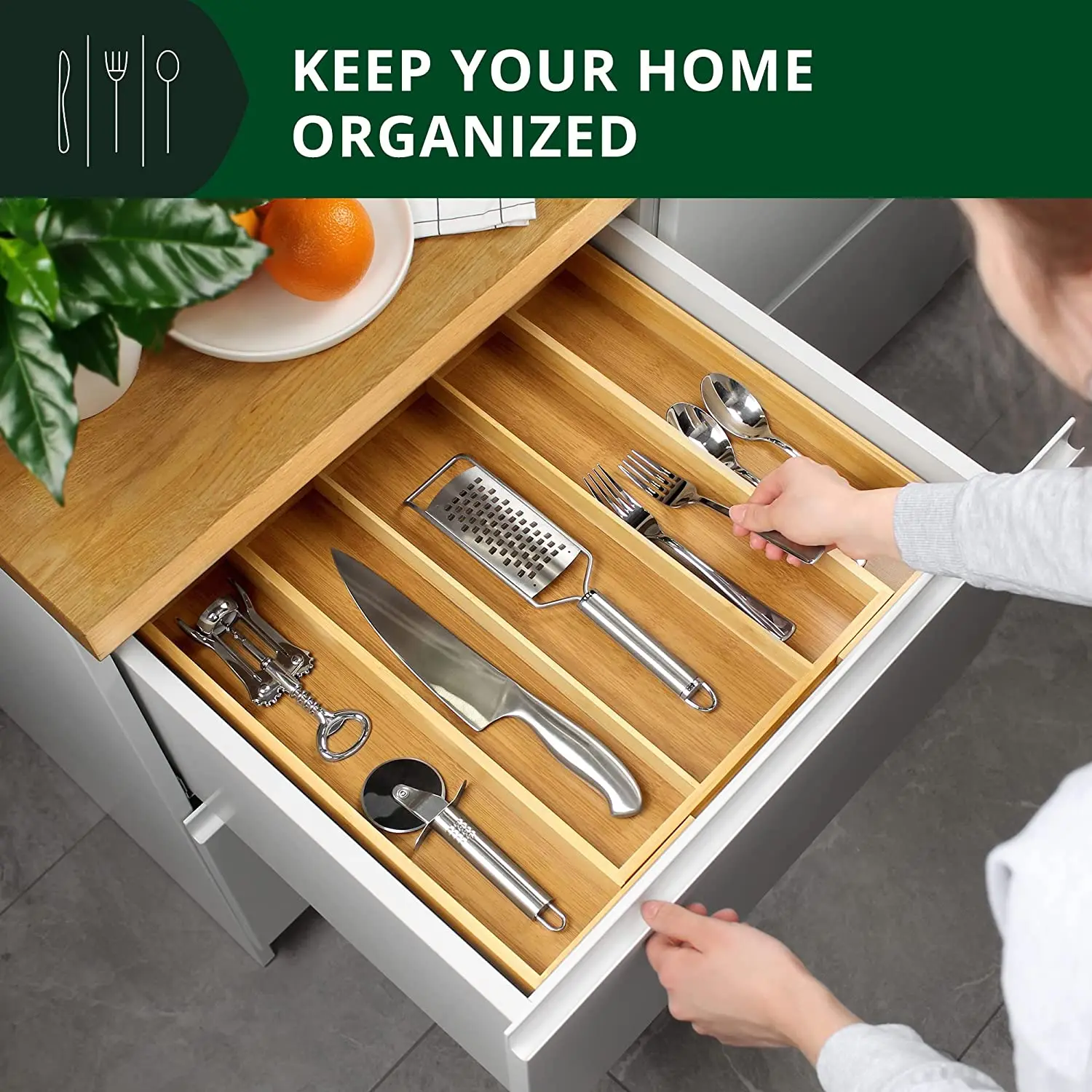 Bamboo Expandable Drawer Organizer for Utensils Holder Adjustable Cutlery Tray Wood Drawer Dividers Organizer for Silverware