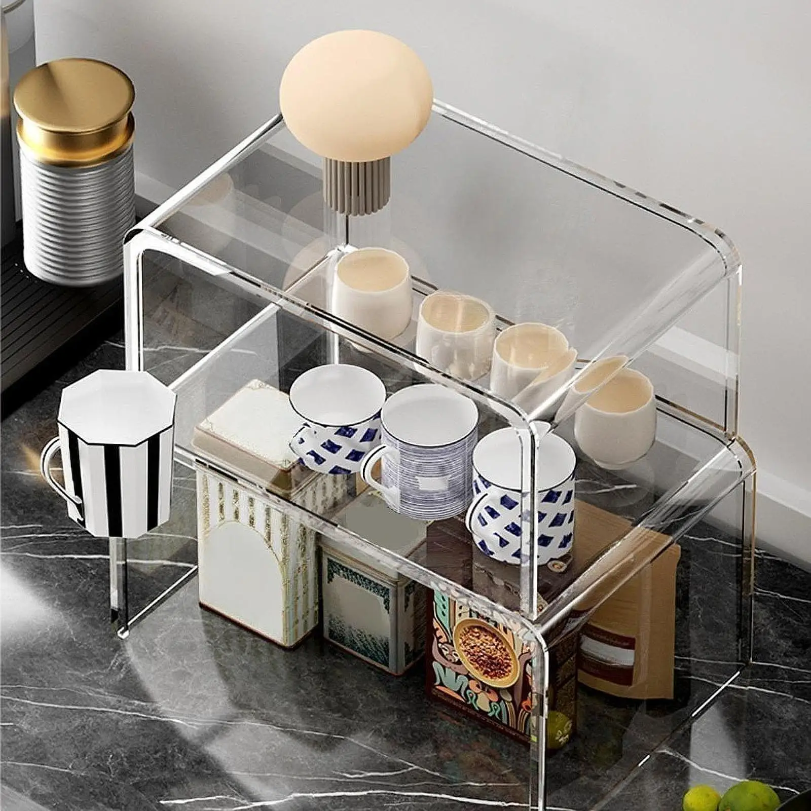 2Pcs Stackable Tea Cup Organizer Container Multipurpose Stackable Desktop Holder Tray Transparent Minimalist Living Room Shelf