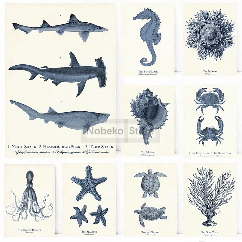 Vintage Nautical Sea Life Wall Art  Navy Blue Octopus  Coral Illustration Canvas Prints for Home Decor Retro Marine Poster for L