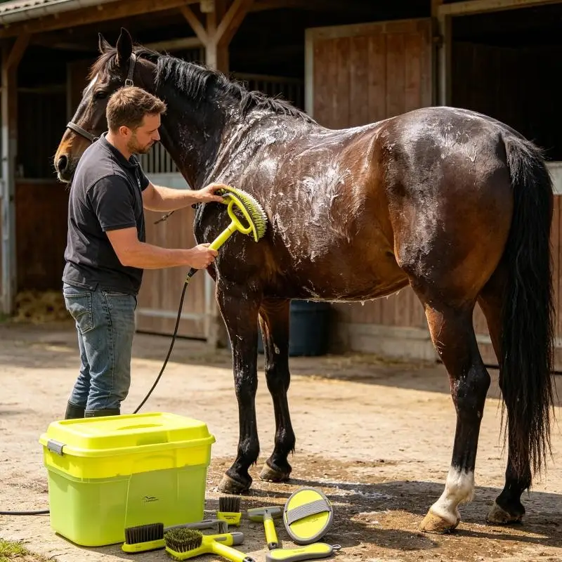 馬のグルーミングセット、収納ボックス付き、毎日の被毛の掃除、納屋のルーチン用のプラスチック馬ブラシとコームコレクション、jome