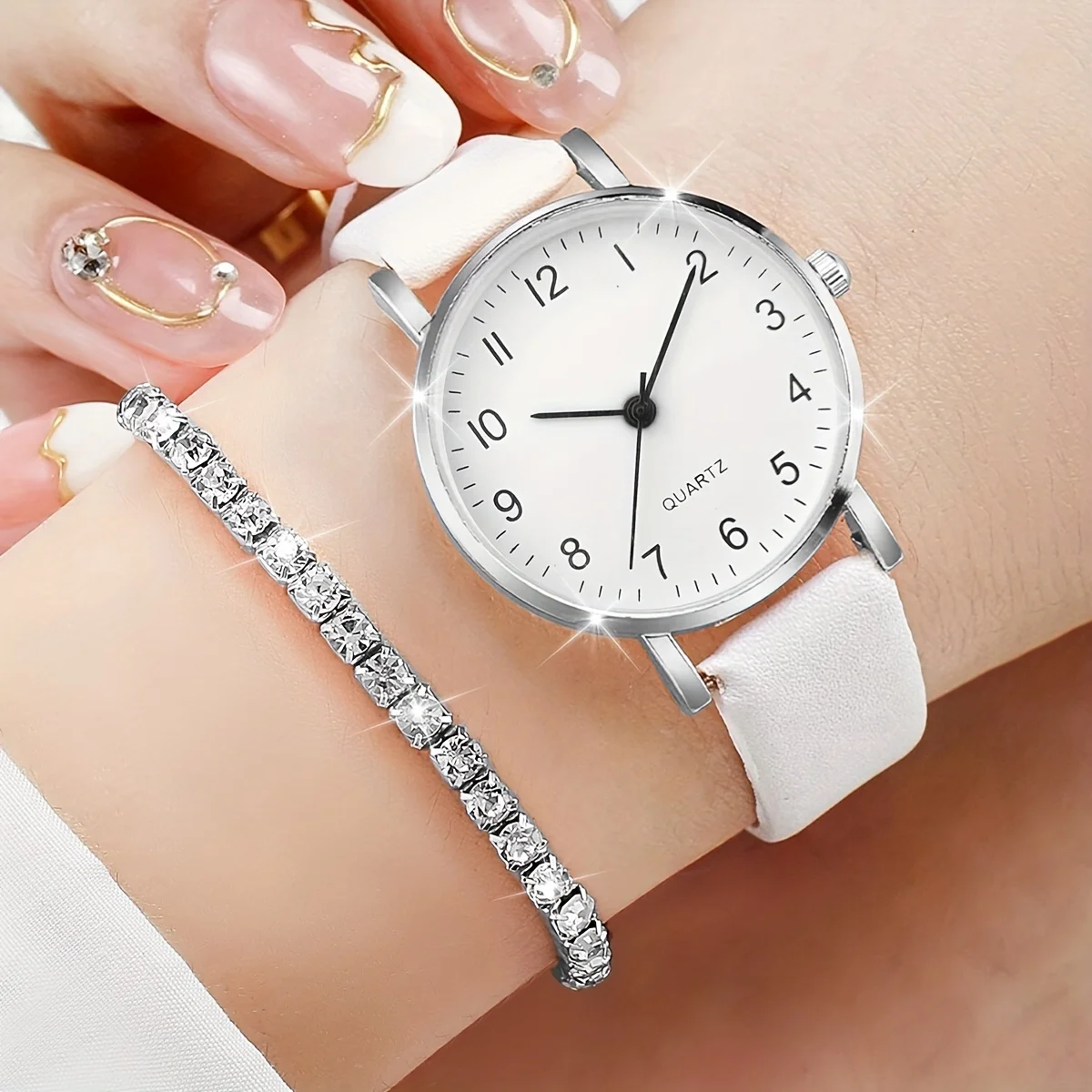 6PCS/Set Fashion Women\'s Quartz Watch Leather Band Analog Quartz Watches with Diamond Jewelry(Without Box)