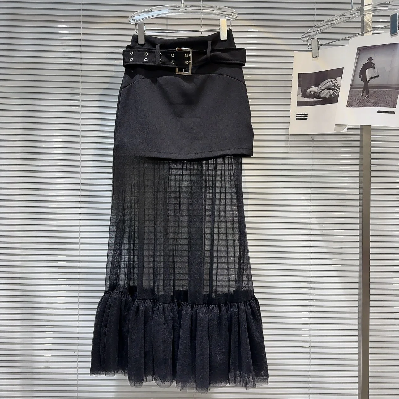 Summer New Mid-Length Fish Tail Skirt Sexy Girl Mesh Lace Hem Splice Belt Wave Design Polyester Fiber Straight Cut Skirt