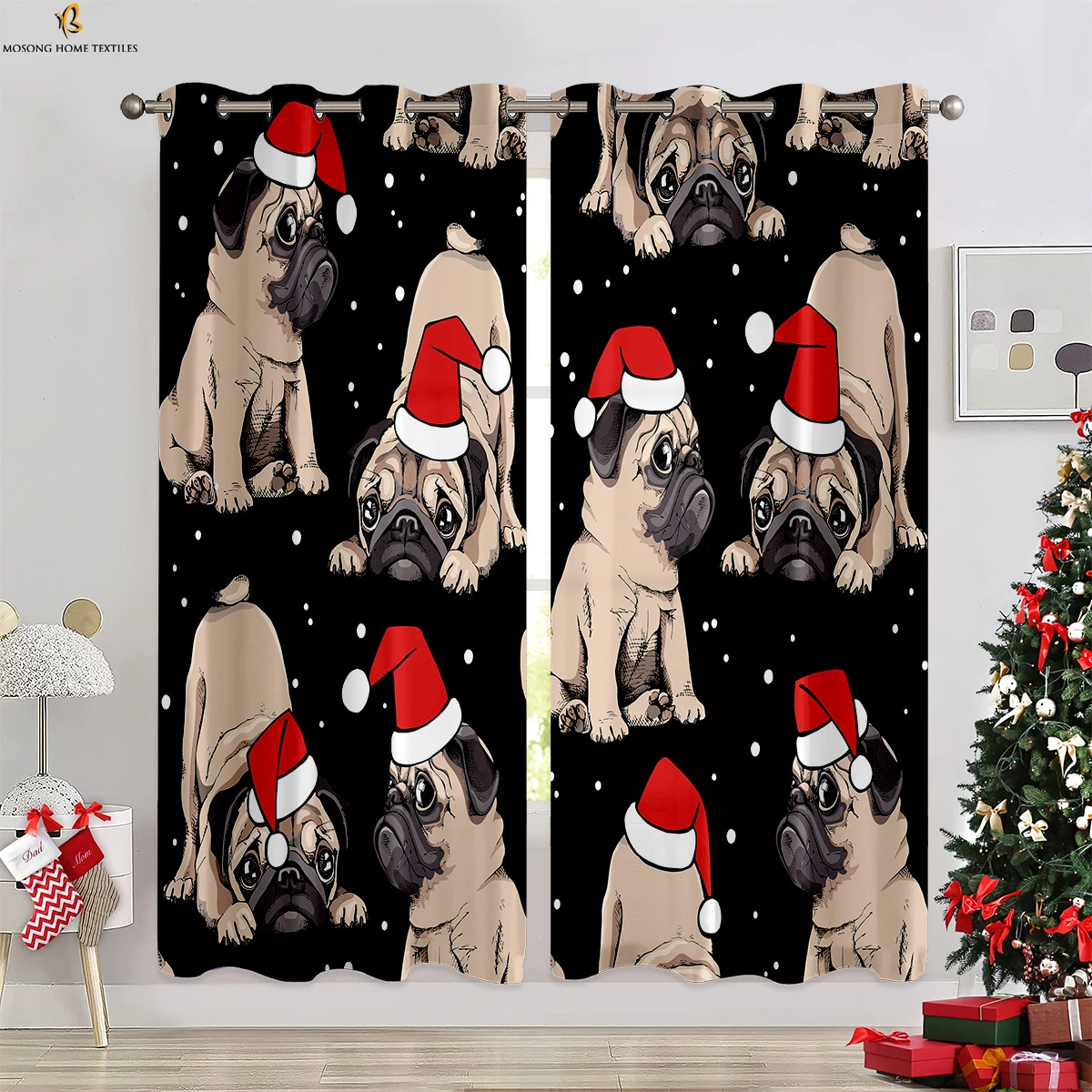 Christmas Dog Window Santa Claus 3D Printing Curtains Bedroom Restaurant Holiday Party Decoration Curtains 2 Pieces