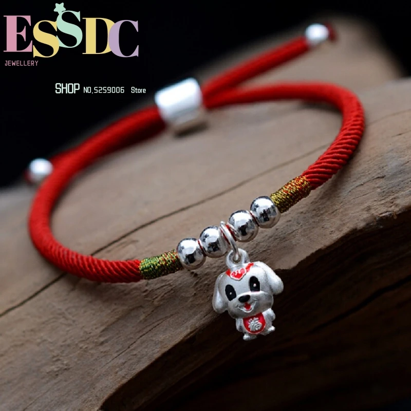 Dropship Animal Year Luck 999 Silver Cute Dog Pendant Chinese Red Hand Weaving Rope Bracelet Adjustable Length