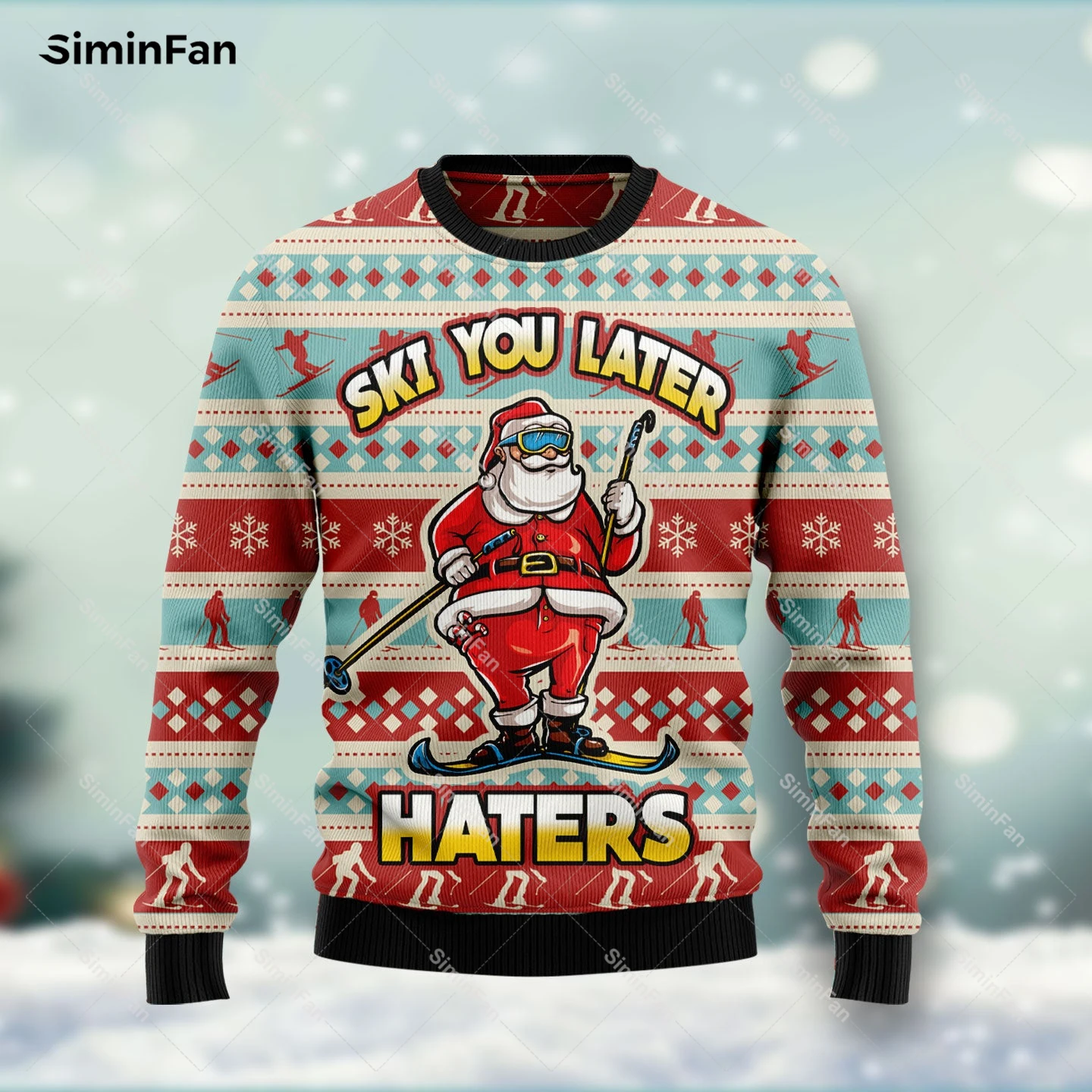 Santa Claus Skiing Ugly Christmas Sweater 3D Printed Men Pullover Sweatshirt Long Sleeve Shirts Coat Unisex Outwear Streetwear