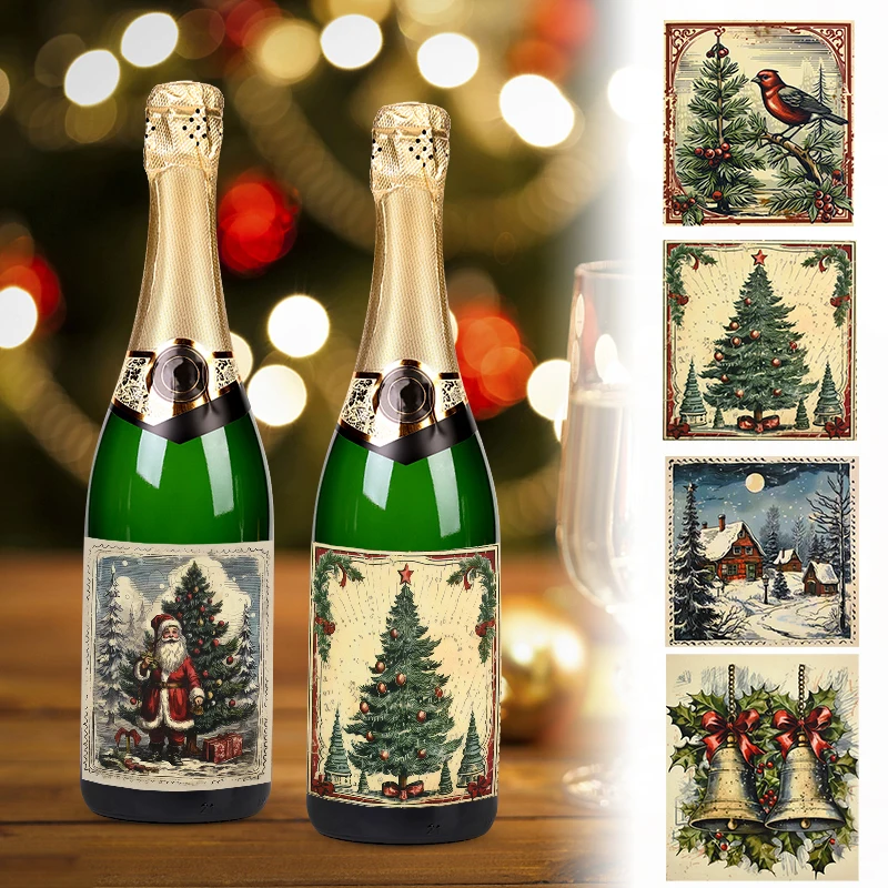 

Retro Christmas Wine Bottle Stickers Santa Claus Xmas Tree Stickers Merry Christmas Decoration For Home 2024 New Year Party Gift