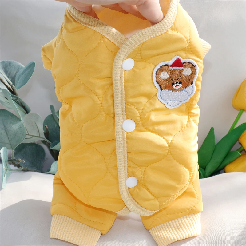 

2023 Winter Small Dog Four legged Cotton Coat Teddy Warm Open Button Top Pet Down Coat Fashionable Dog Clothes