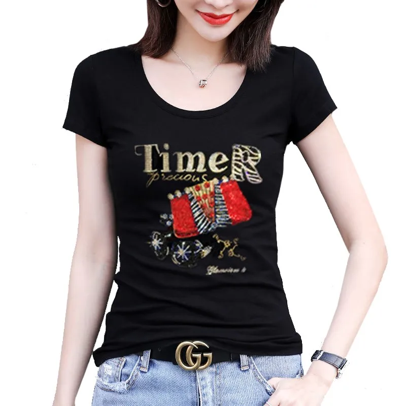 Summer Tops Foreign Style New Black White Hot Drill Short Sleeve T-shirt Women's Slim Cotton Tees Shirt