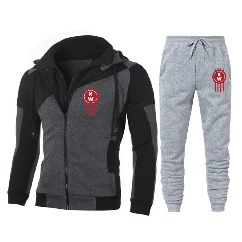 Spring Autumn New Kenworth Logo Print Custom Made Warm Spliced Men Zipper Hoodie Jacket+Pants Pocket Casual Man Sportswear Set image 5