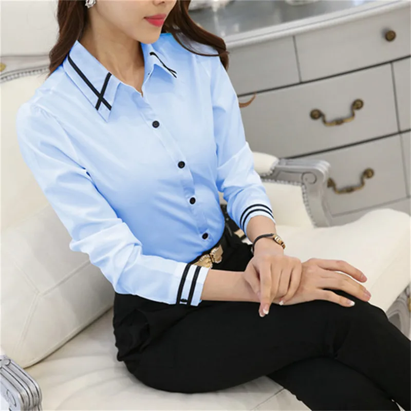 women\'s Business Formal Wear long-sleeved Slim Fit Professional Female Shirt turn-down Collar Solid Color Tops For Ladies