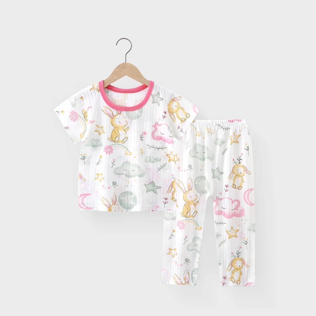 Boys and girls pajamas set class a summer short-sleeved nine-point pants children's cotton air-conditioned clothes