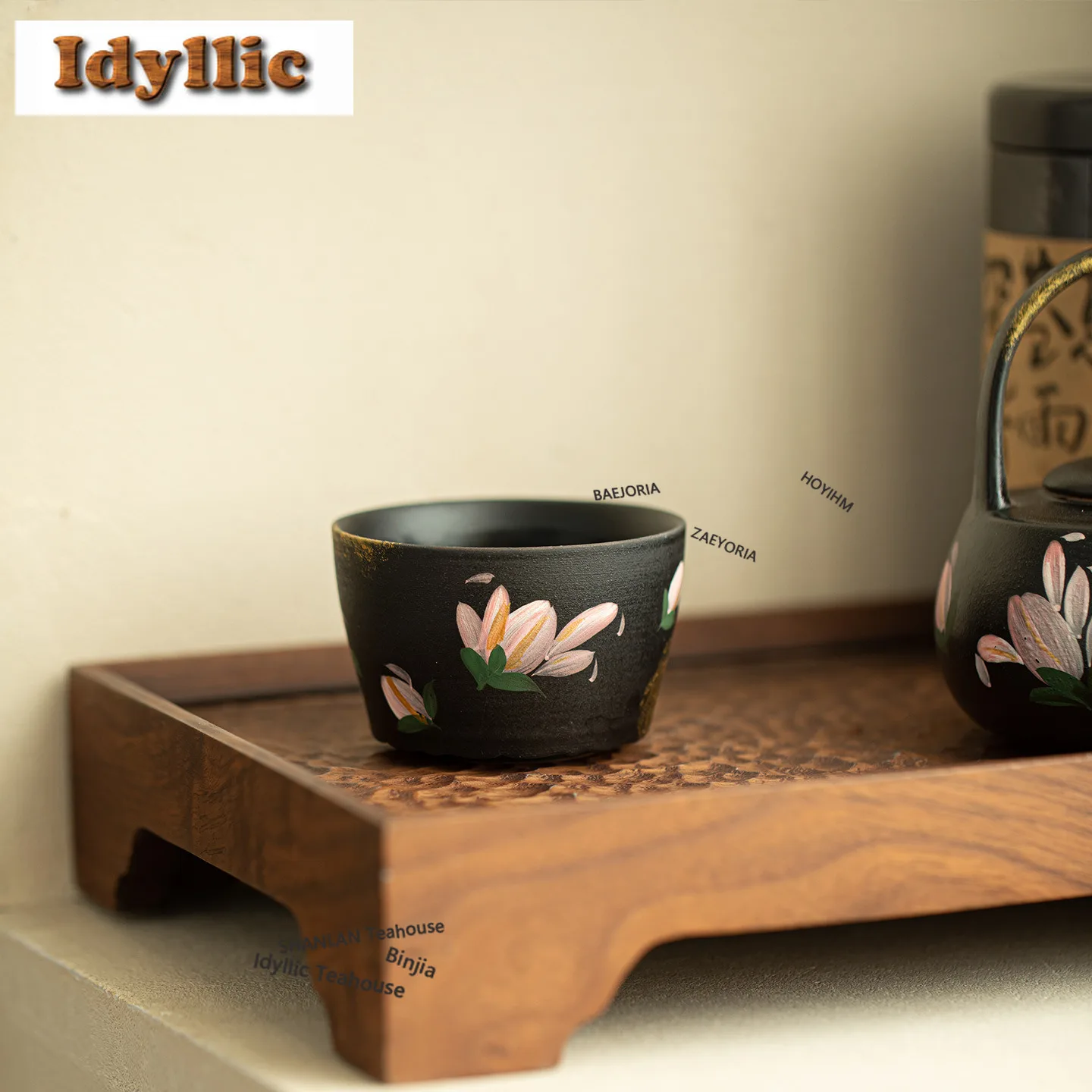 HOYIHM 100ml Gold Drawing Black Pottery Lily Teacup Japanese Tea Bowl Mug Tea-tasting Fragrance Cup Jianzhan Master Cups For Tea