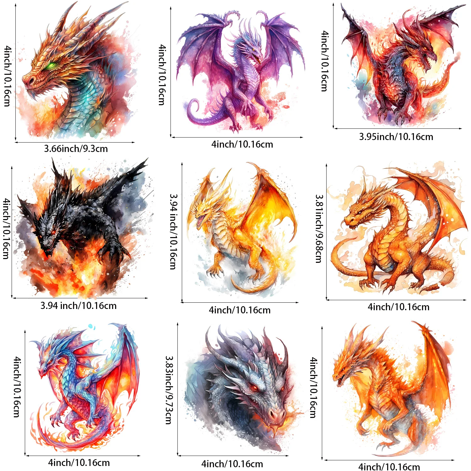 9-Pcs Fire Dragon Themed Iron-On Transfer Stickers,Vinyl Heat Transfer Patches for DIY Clothing Backpack Heat Transfer Film